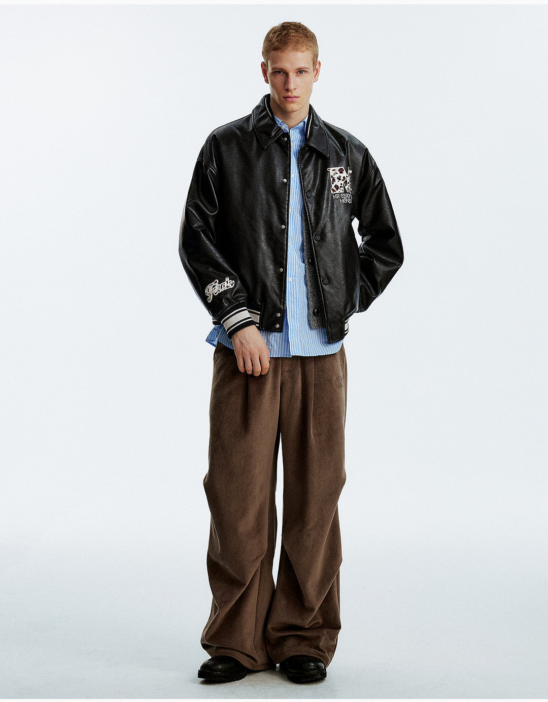 MEDM Leopard Patch Pearl PU Leather Varsity Jacket | Face 3 Face