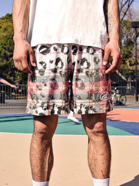 JUST VIBE Plaid and Leopard Print Mesh Basketball Shorts | Face 3 Face