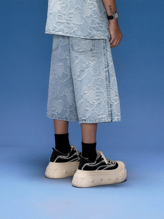 1807 Floral Chain Jacquard 3D Embroidered Denim Cropped Shorts | Face 3 Face