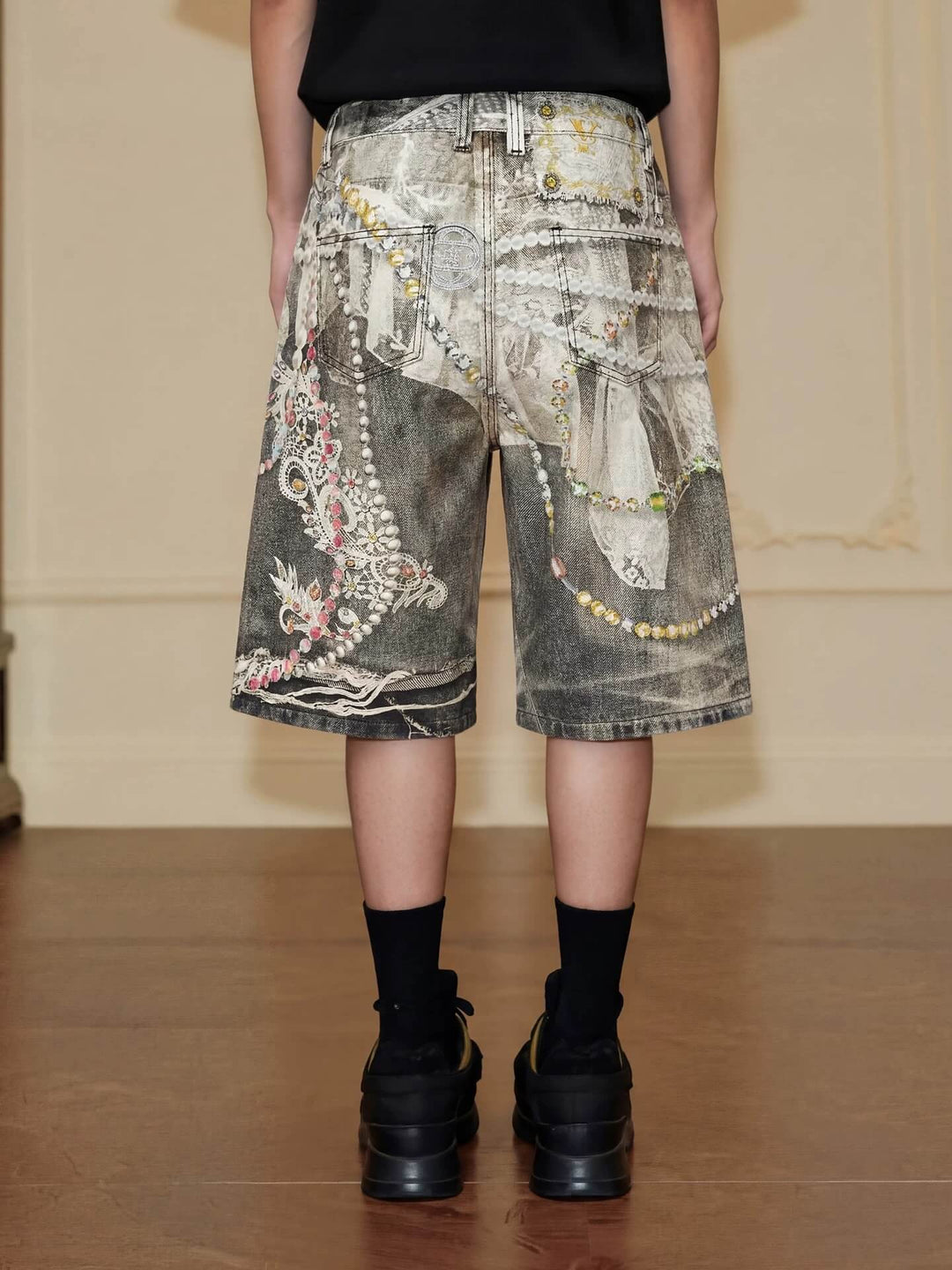 YADcrew Denim Pearl Bead Chain Digital Print Shorts | Face 3 Face