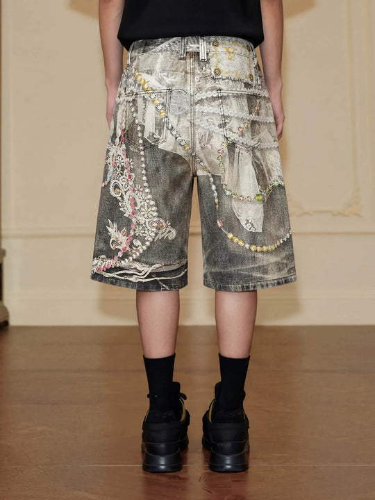 YADcrew Denim Pearl Bead Chain Digital Print Shorts | Face 3 Face