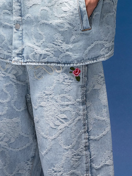 1807 Floral Chain Jacquard 3D Embroidered Denim Cropped Shorts | Face 3 Face