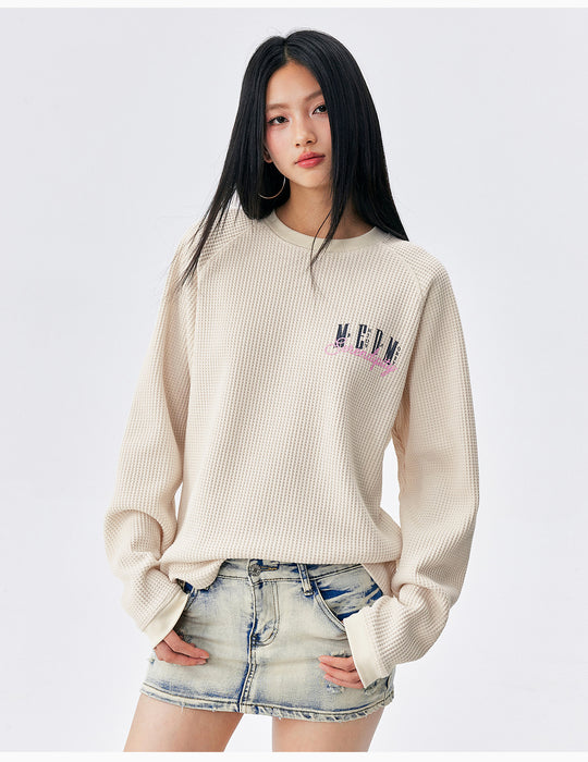 MEDM Logo Embroidered Print Waffle Long Sleeve Tee | Face 3 Face