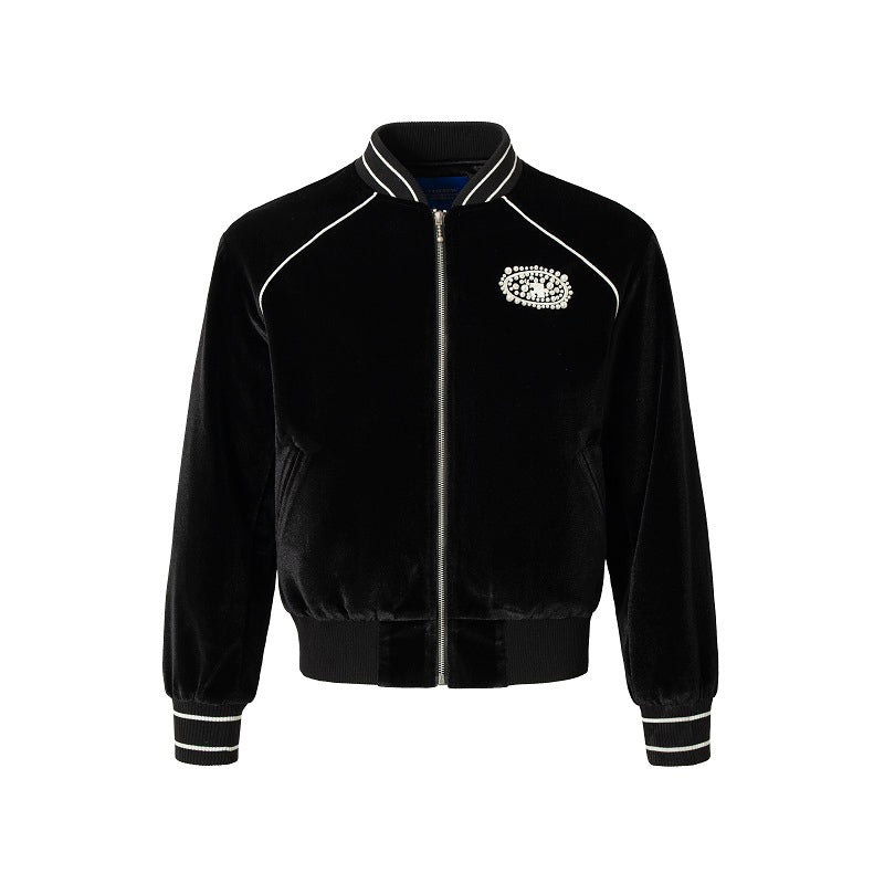 YADcrew Black Velvet Pearl-Embroidered Bomber Jacket | Face 3 Face