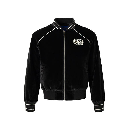 YADcrew Black Velvet Pearl-Embroidered Bomber Jacket | Face 3 Face