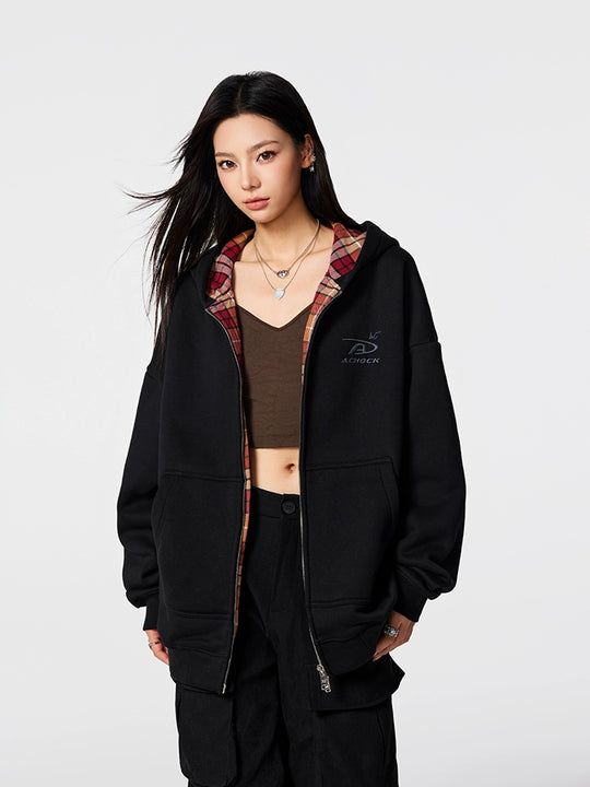 Achock Logo Embroidery Plaid Lining Zip Up Hoodie | Face 3 Face