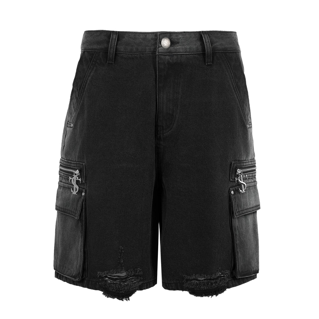 Small Town Kid Rivets Washed Denim Utility Cargo Shorts | Face 3 Face