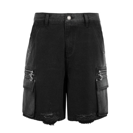 Small Town Kid Rivets Washed Denim Utility Cargo Shorts | Face 3 Face