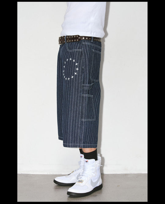 NOVACAM Circle Star Print Pinstripe Baggy Denim Shorts | Face 3 Face