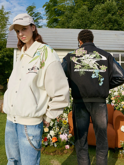 Harsh and Cruel Logo Full Back Embroidered Floral Varsity Jacket | Face 3 Face