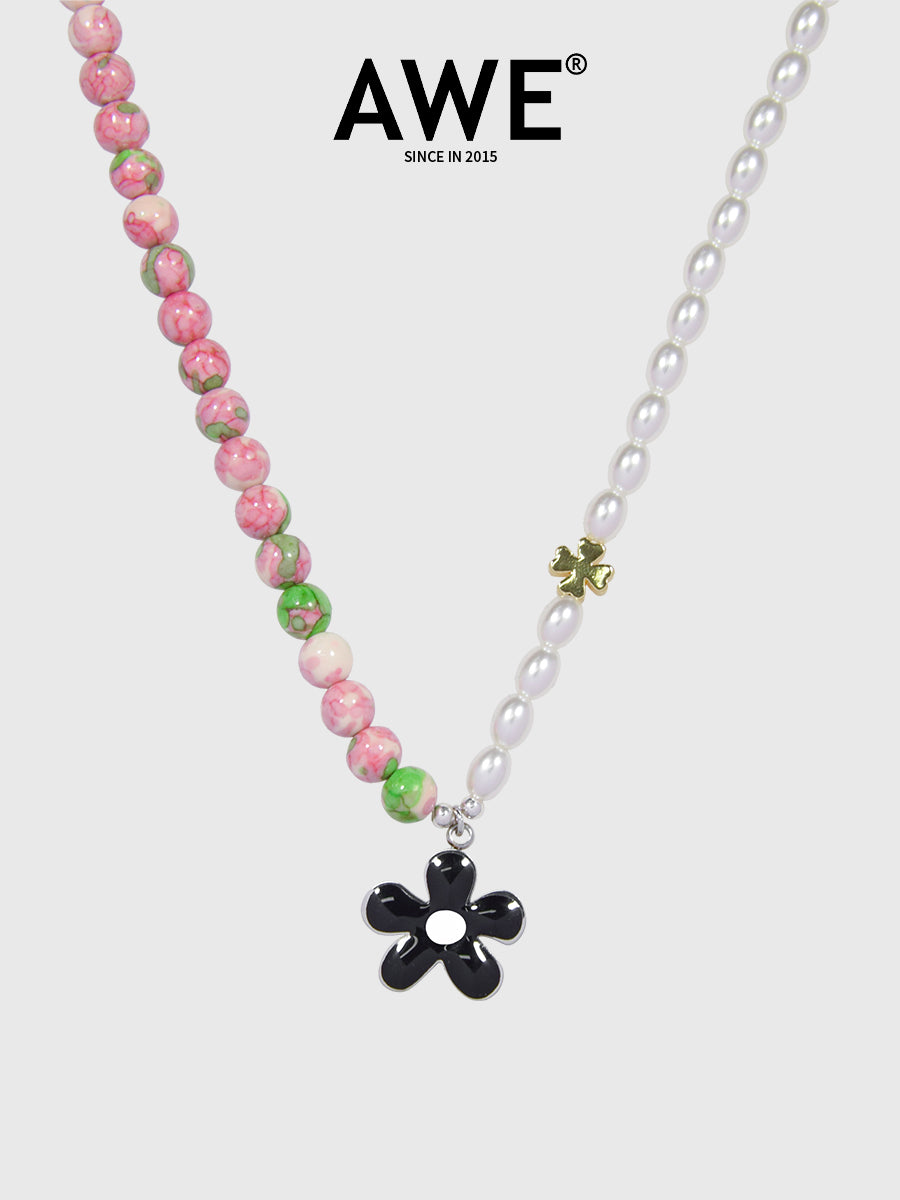 AWE Black Sunflower Pendant Stone Pearl Chain Necklace | Face 3 Face