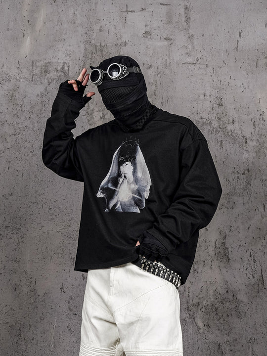 UNDERWATER Black Aged Wash Destroyed Portrait Print Long Sleeve Tee | Face 3 Face