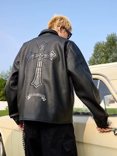 Harsh and Cruel Metal Cross Logo Textured Leather Jacket | Face 3 Face