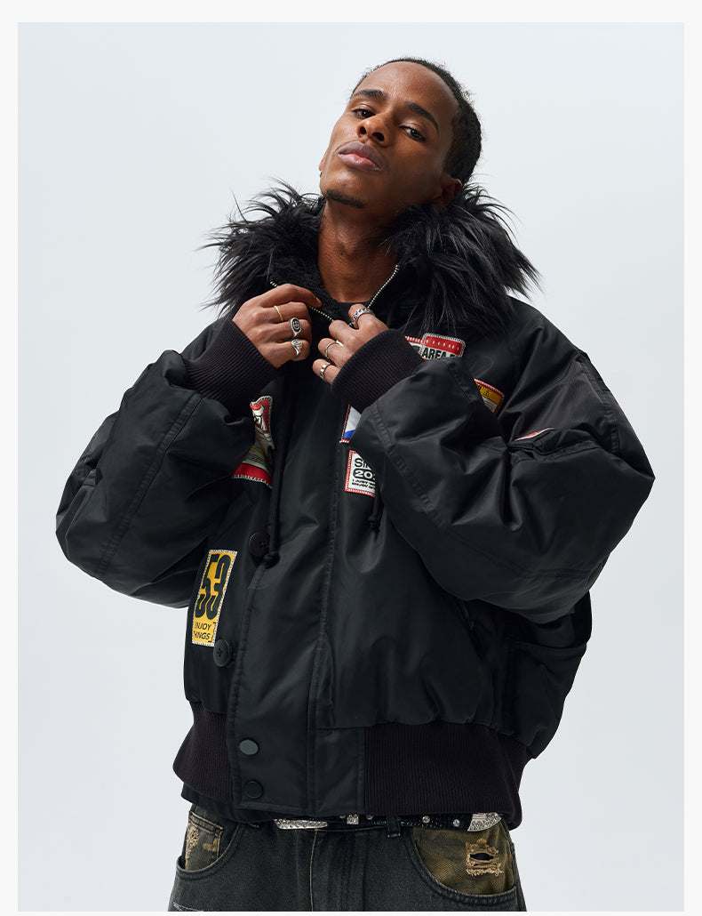 MEDM License Plate Patch Fur-Hooded MA-1 Bomber Jacket | Face 3 Face