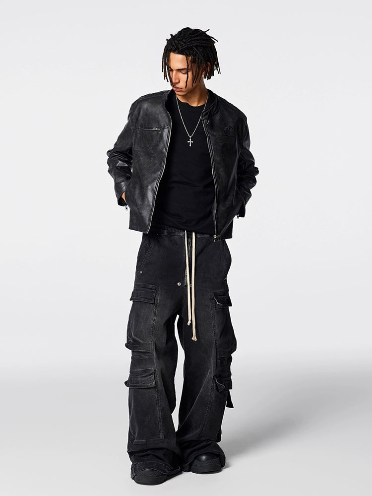 Achock Logo Embroidered Leather Short Motorcycle Jacket | Face 3 Face