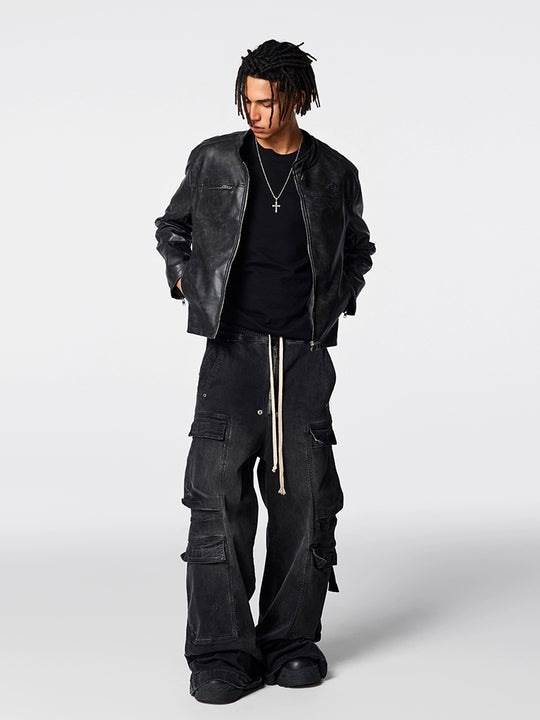 Achock Logo Embroidered Leather Short Motorcycle Jacket | Face 3 Face