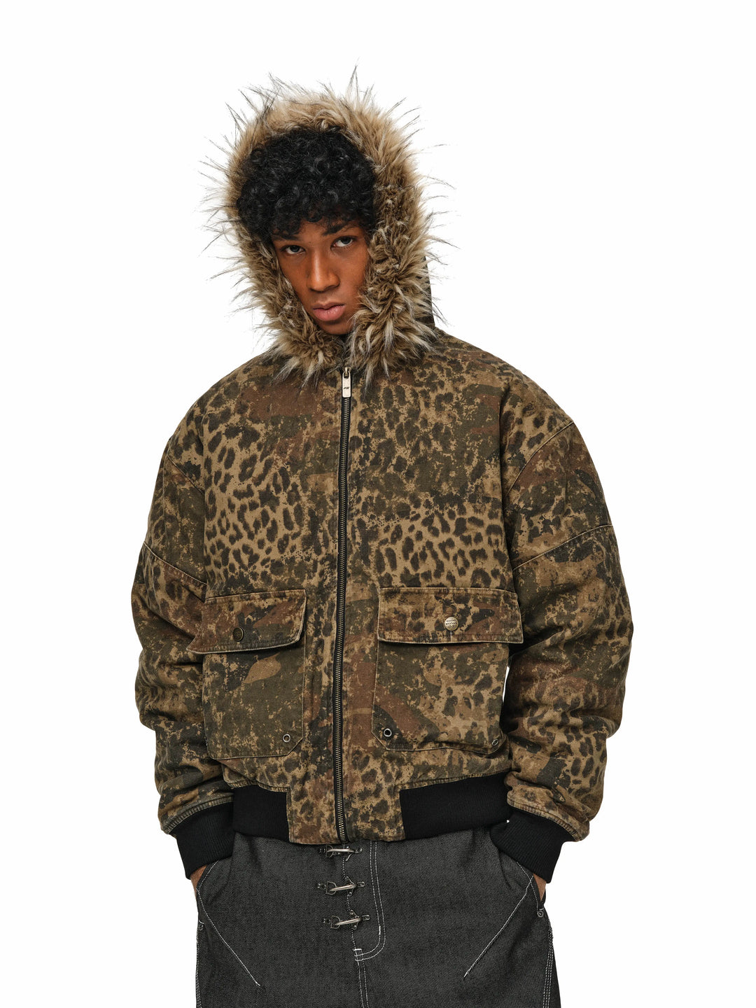 ANTIDOTE Washed Leopard Fur Hooded Work Jacket | Face 3 Face