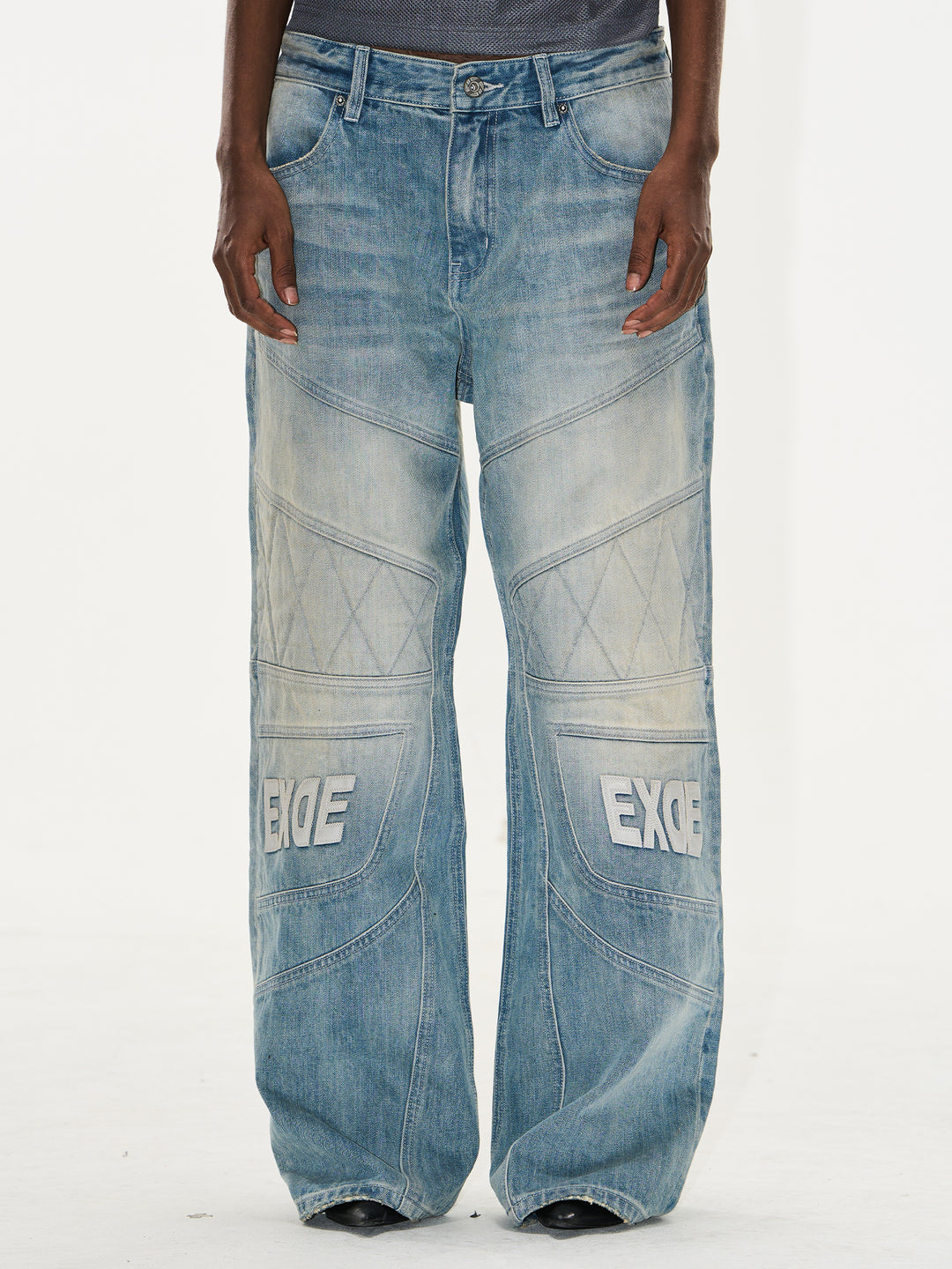 BLIND NO PLAN Washed Biker Patchwork Leather Embroidered Baggy Jeans | Face 3 Face
