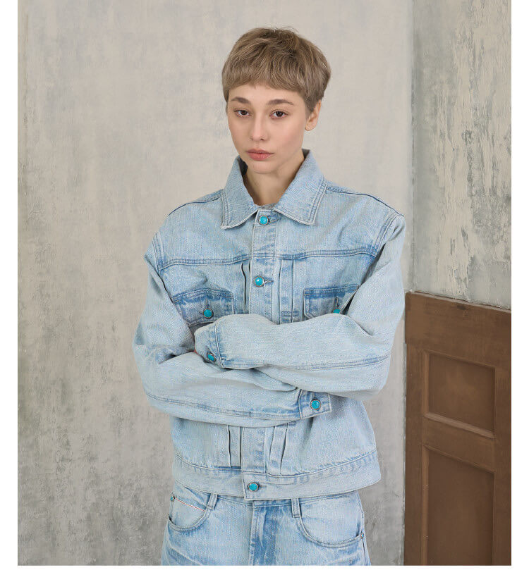 S45 Light Blue Heavy Washed Turquoise Button Denim Jacket | Face 3 Face