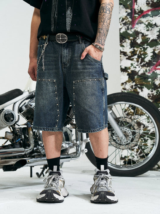 RUSURE Crash Studded Double Knee Denim Shorts | Face 3 Face