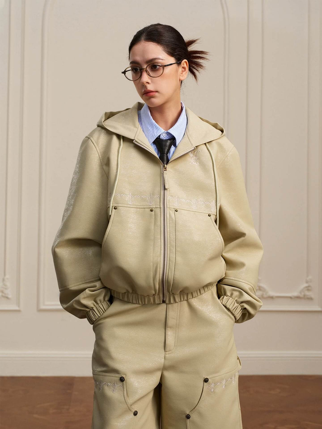 YADcrew Crackle Glitter PU Leather Hooded Jacket | Face 3 Face