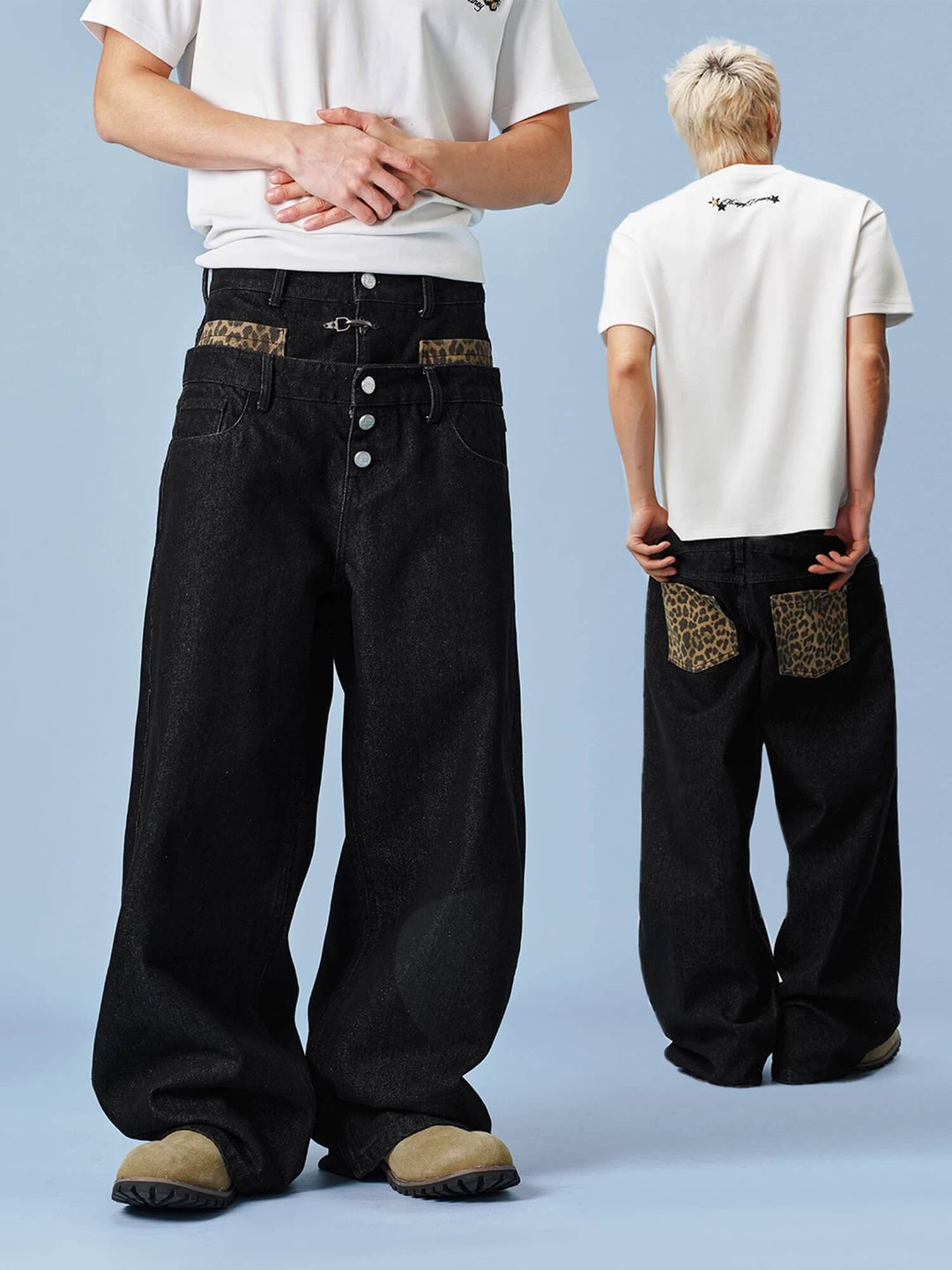 MEDM Double Waist Leopard Print Pocket Baggy Jeans | Face 3 Face