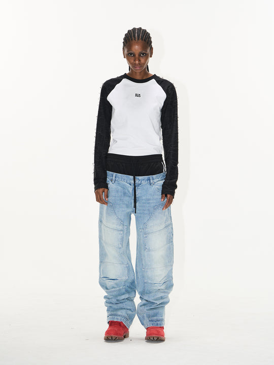 BLIND NO PLAN Double Waist Layer Mismatched Jeans | Face 3 Face