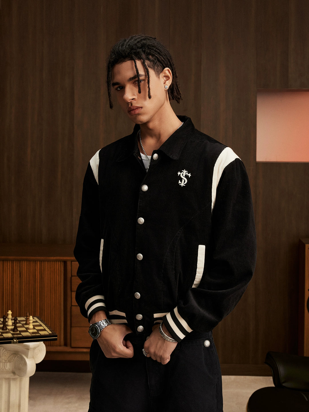 Small Town Kid Rivet Cross stitching Patch Corduroy Varsity Jacket | Face 3 Face