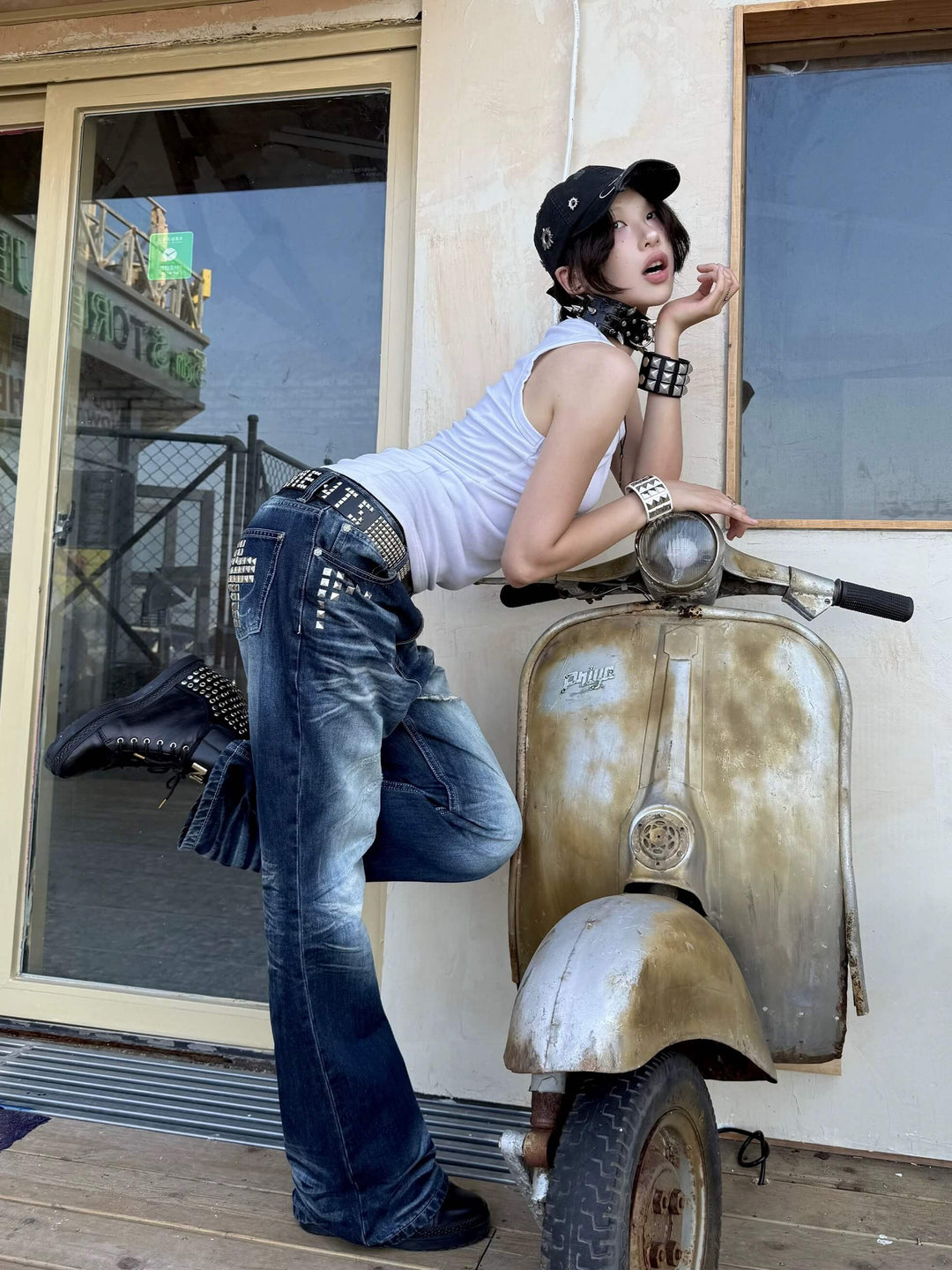 Night Lab Rock Studded Whisker Washed Flared Jeans | Face 3 Face