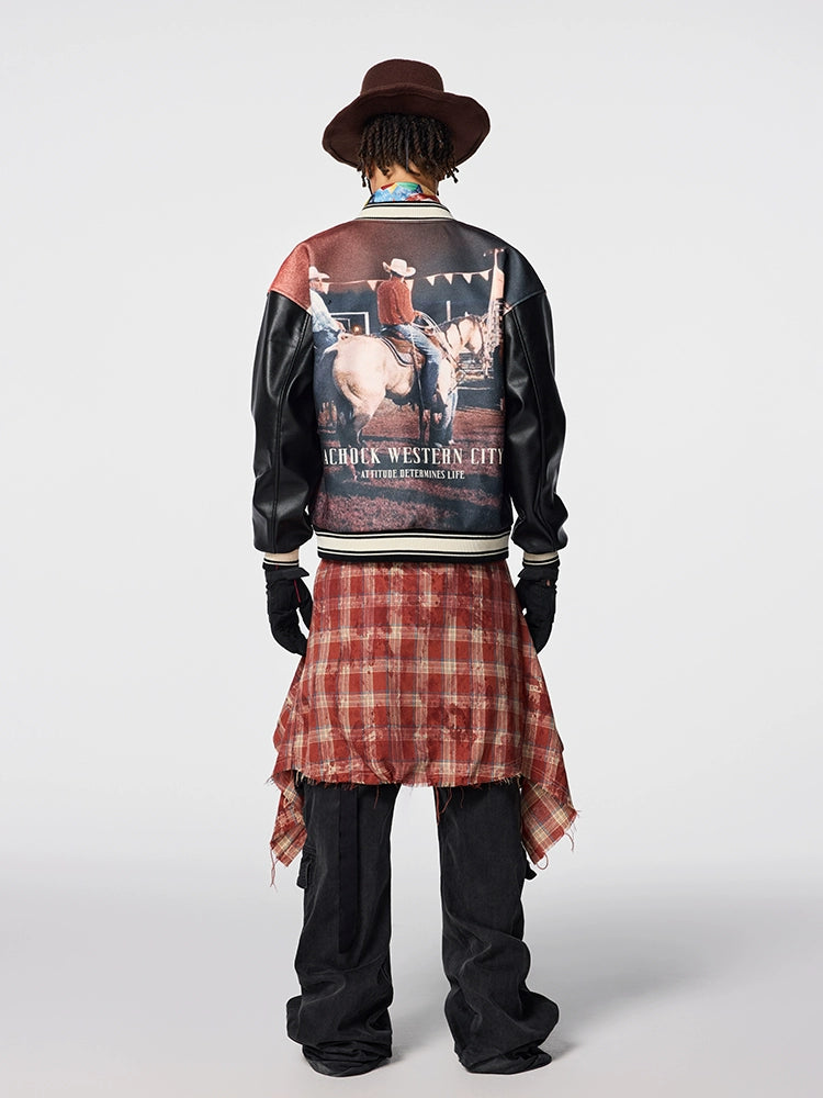 Achock Western Cowboy Full Print PU Leather Varsity Jacket | Face 3 Face