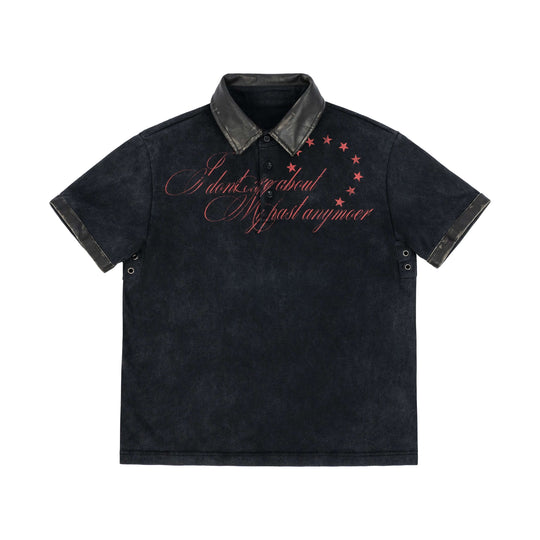 ANTIDOTE Washed Leather Collar Short Sleeve Polo