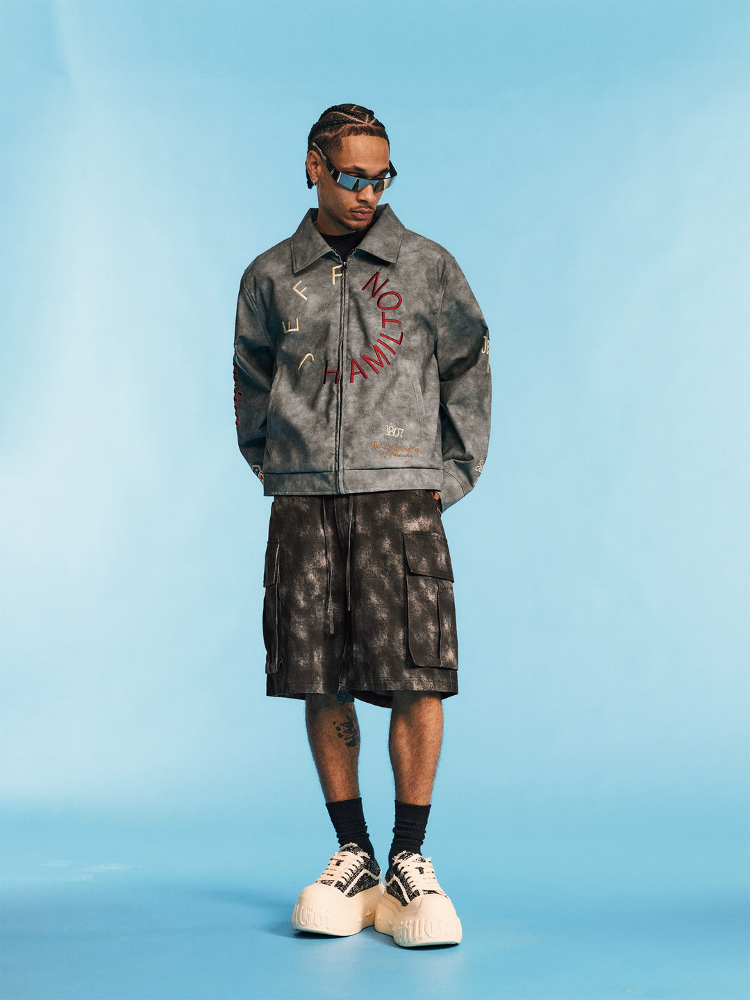 1807 JEFF HAMILTON Logo Embroidered Leather Detroit Jacket | Face 3 Face