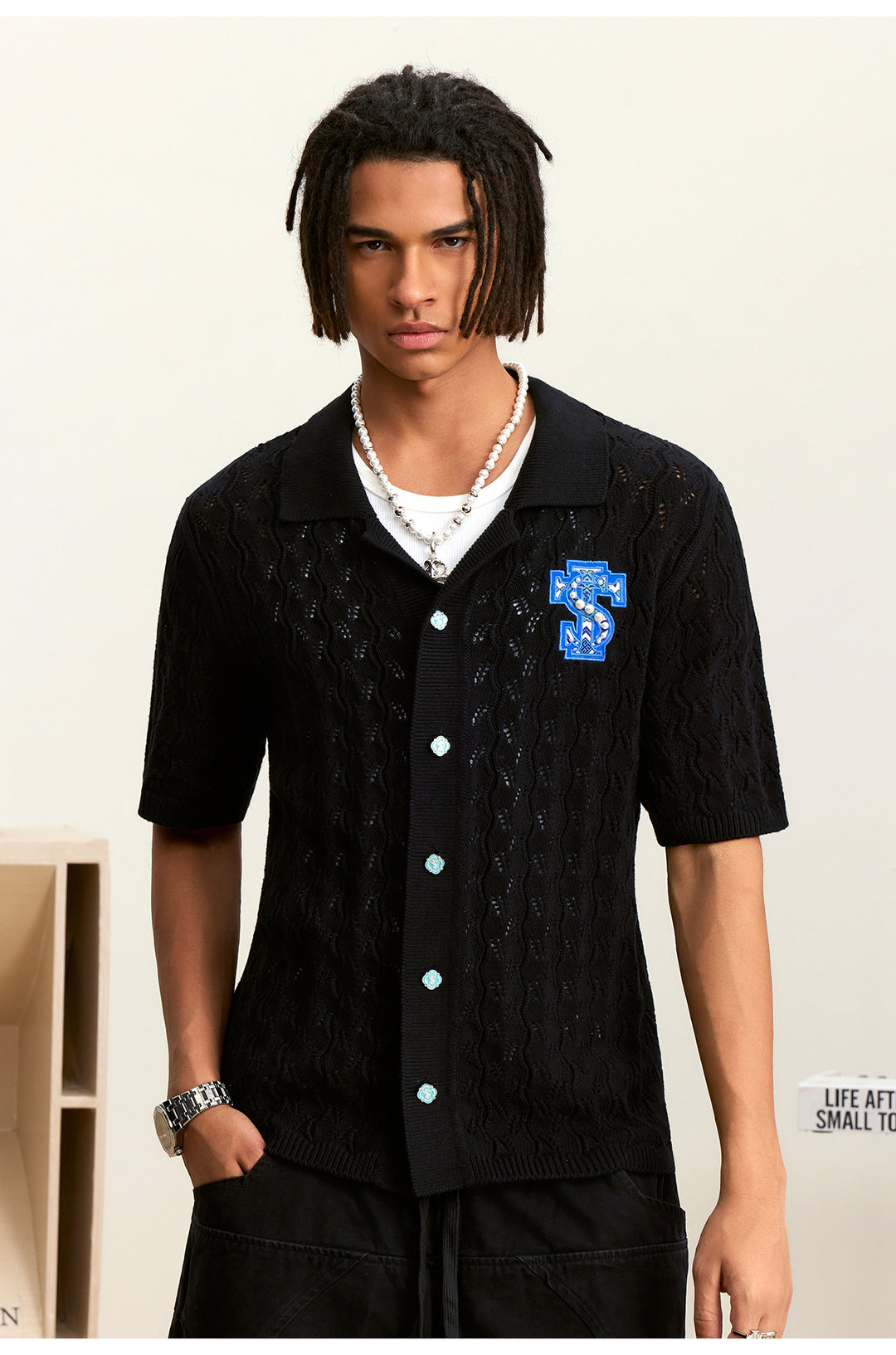 Small Town Kid Ethnic Logo Patch Crochet Knit Hawaiian Shirt | Face 3 Face