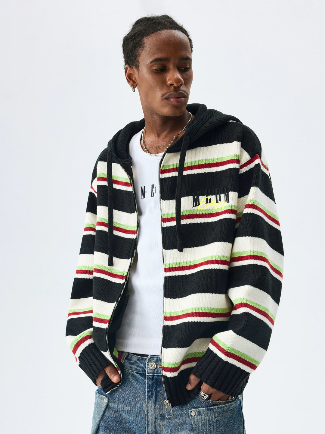 MEDM Colorful Stripes Zip-Up Knit Hoodie | Face 3 Face
