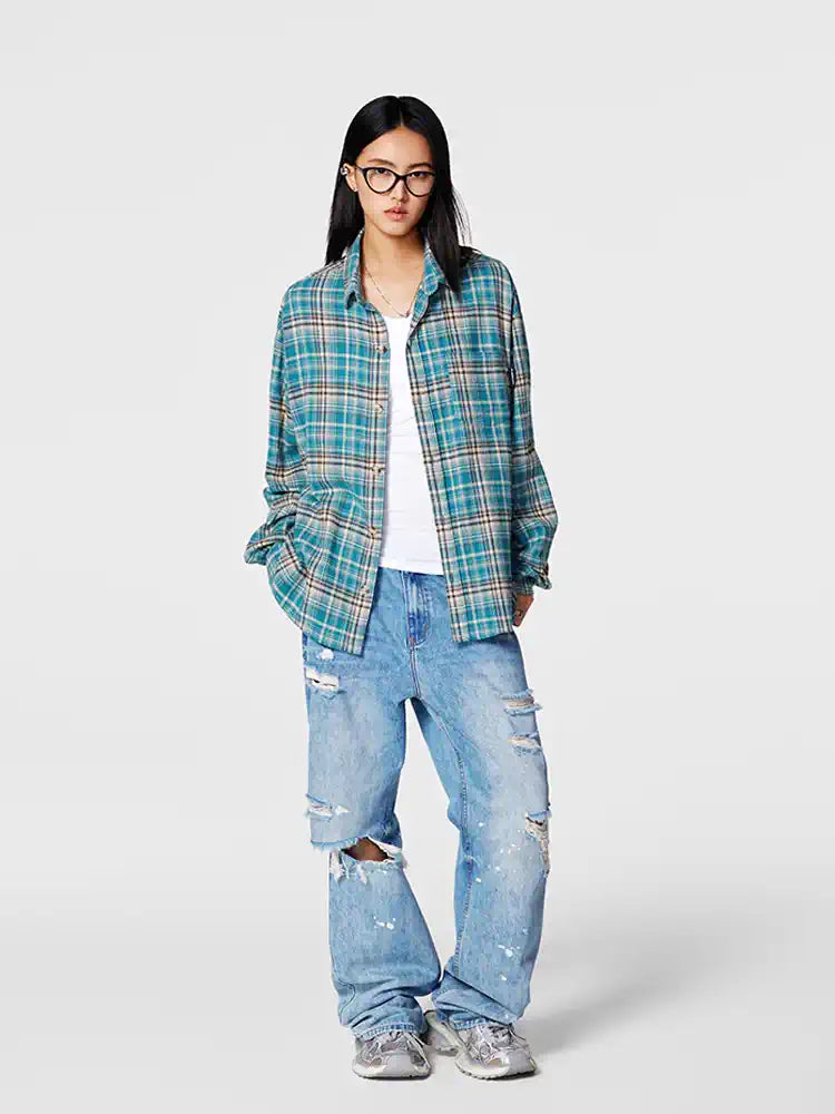 Achock Blue Plaid Long Sleeved Flannel Shirt | Face 3 Face