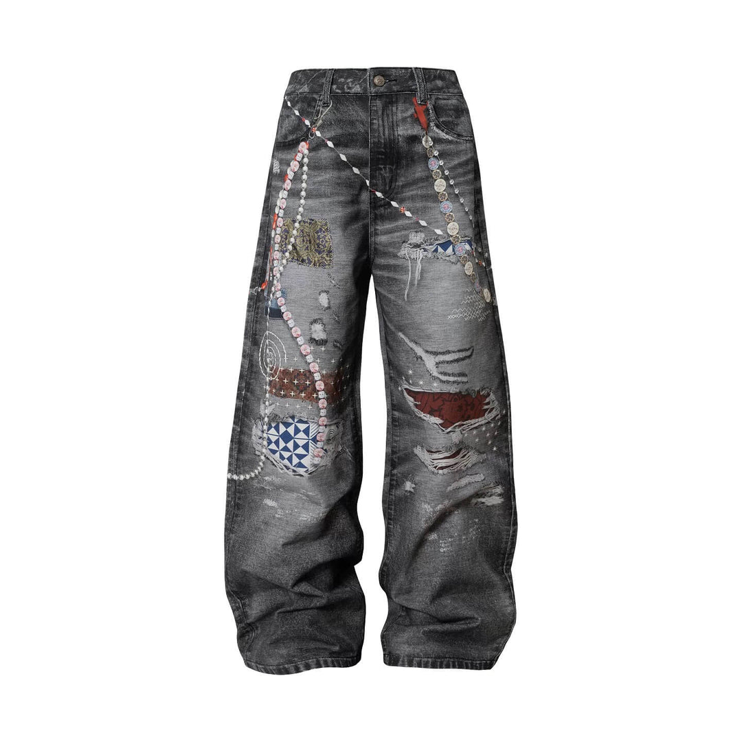 YADcrew x MEDM 3D Cloth Patch Chain Distressed Digital Print Jeans | Face 3 Face