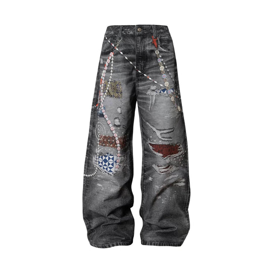 YADcrew x MEDM 3D Cloth Patch Chain Distressed Digital Print Jeans | Face 3 Face