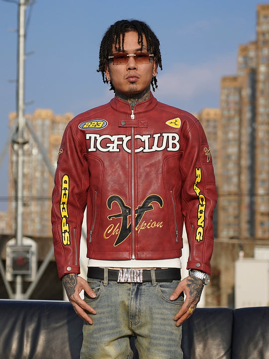 TGFCLUB Heavy Embroidery Racing Leather Jacket | Face 3 Face