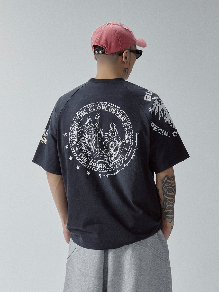 F2CE Washed Gradient Raglan Sleeve Printed Tee | Face 3 Face