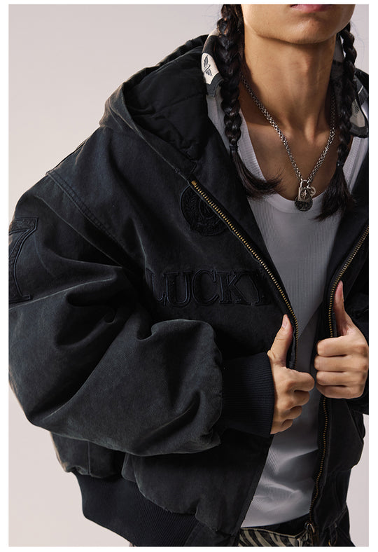 Remedy Embroidered Washed Hooded Bomber Jacket | Face 3 Face