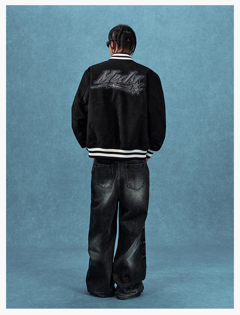 MEDM Rhinestone-Embellished Suede Varsity Jacket | Face 3 Face