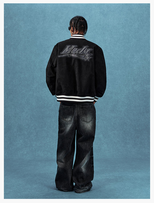 MEDM Rhinestone-Embellished Suede Varsity Jacket | Face 3 Face