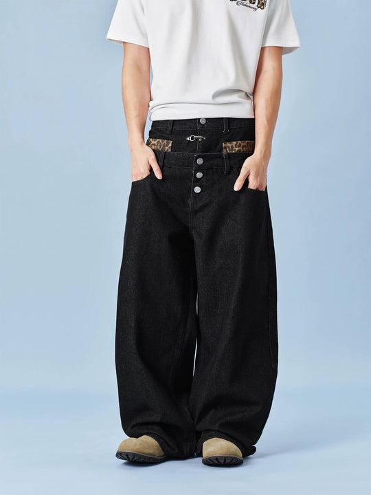 MEDM Double Waist Leopard Print Pocket Baggy Jeans | Face 3 Face
