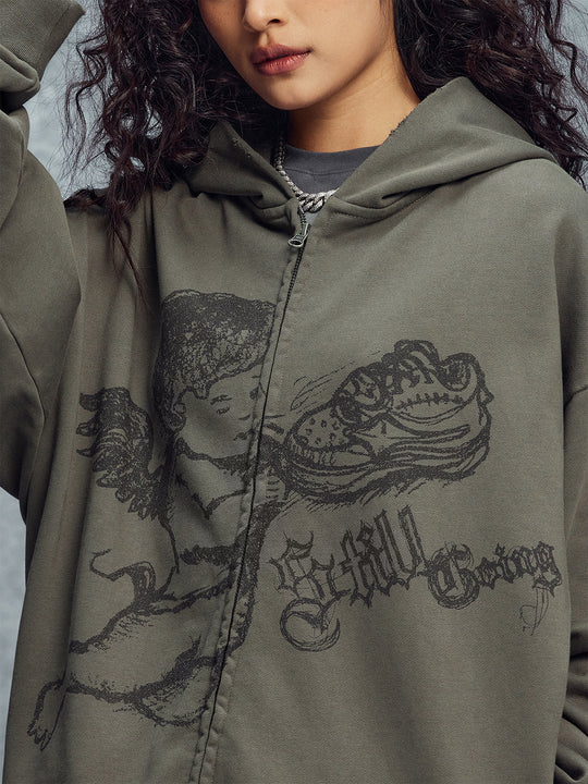 1807 Graffiti Angel Print Zip Up Hoodie | Face 3 Face
