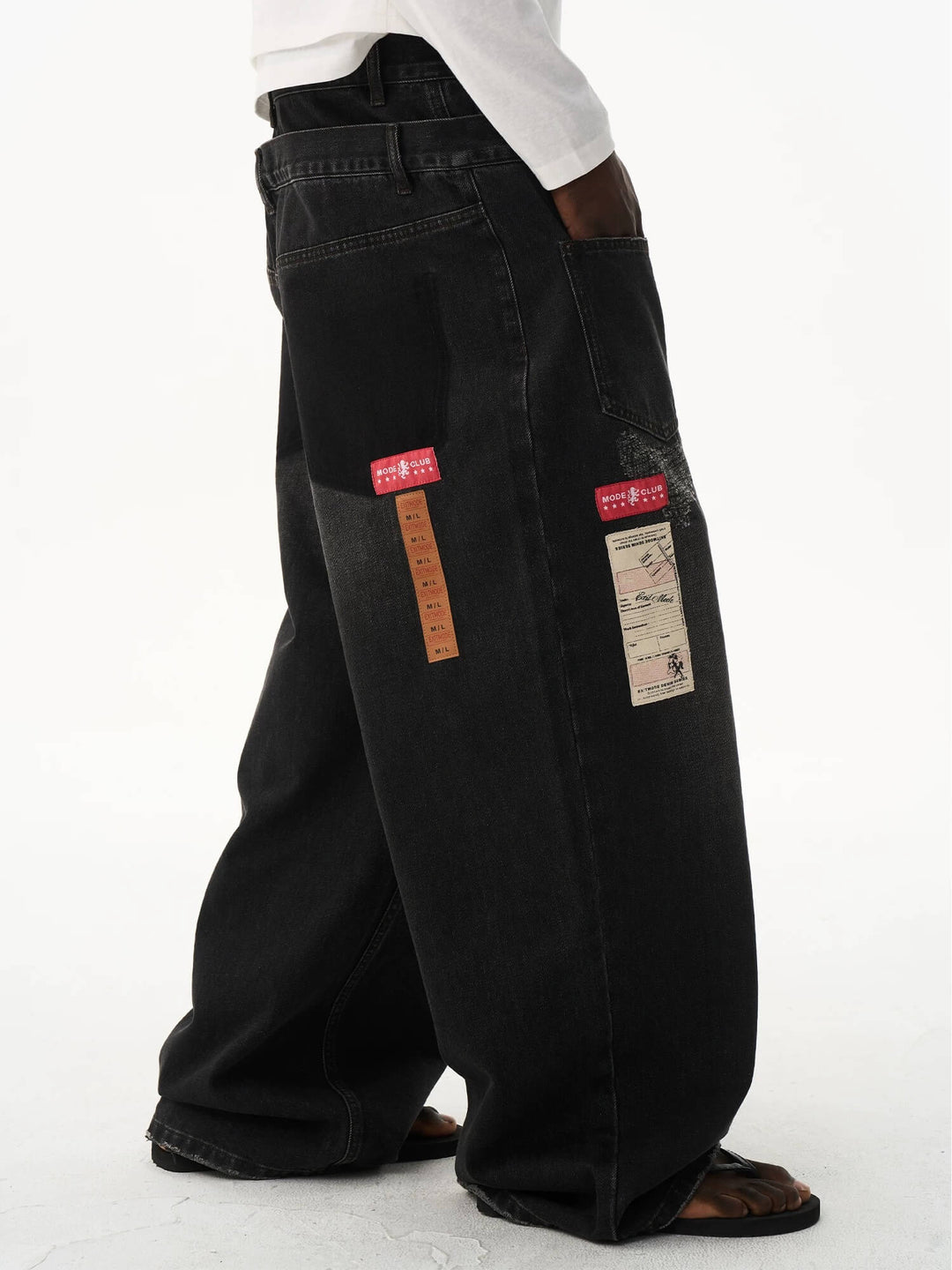 EXITMODE BY BLIND NO PLAN Double Waist Washed Patch Embroidered Baggy Jeans | Face 3 Face