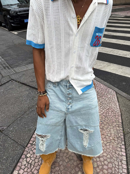 STEEPC Washed Distressed Button Fly Cutoff Baggy Denim Shorts | Face 3 Face