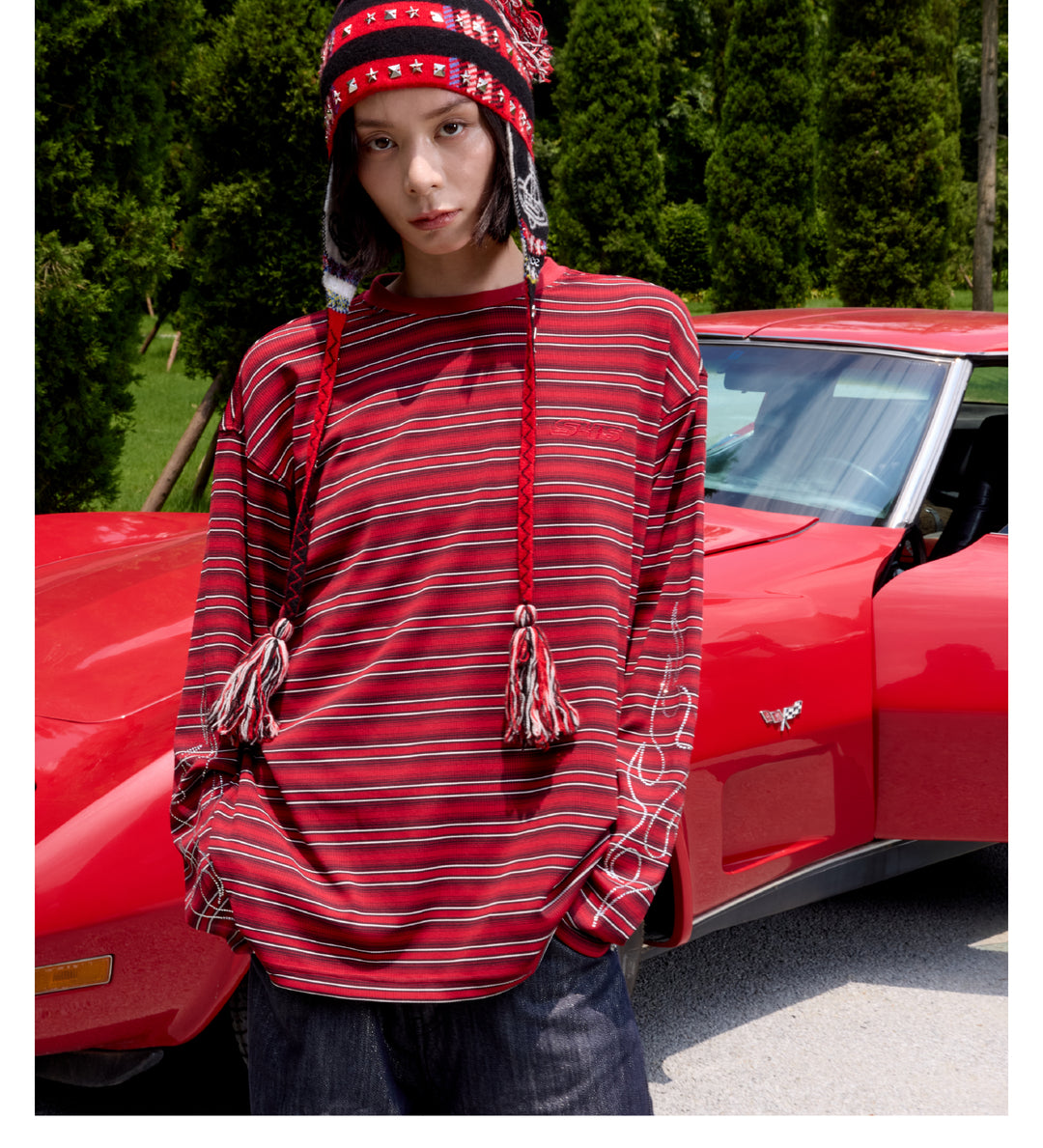 S45 Rhinestone Flame Stripe Long Sleeve Tee | Face 3 Face