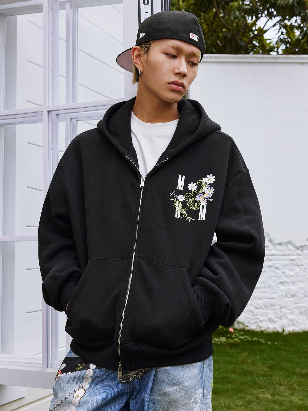 MEDM Floral Logo Embroidered Zip Up Hoodie | Face 3 Face