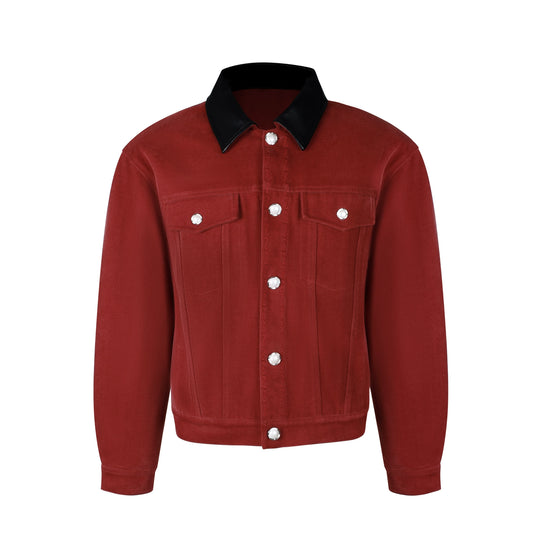 S45 Flocking Denim Pearl Button Leather Lapel Short Jacket | Face 3 Face