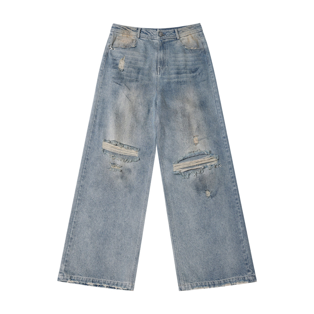 JHYQ Washed Holes Old Dirty Dyed Baggy Jeans